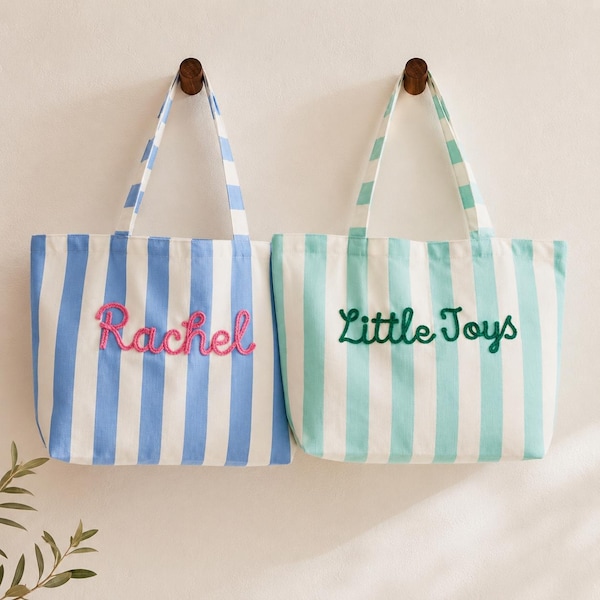 Personalized Striped Canvas Tote Bag, Custom Name Beach Carryall, Large Commute Shoulder Bag, Gift For Her, Bridesmaid Gift, Travel Work Bag