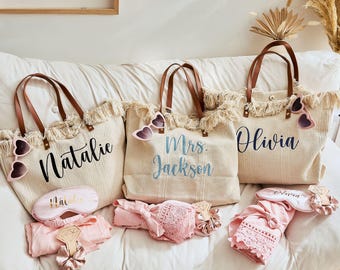 Bridesmaid Tote Bags with Custom Embroidery, Canvas Bags for Bridal Party Gifts, Boho Fringe & Beach Totes for Brides, Girls Trip Gift