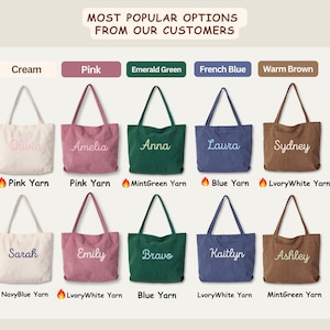 May include: A display of corduroy tote bags in various colors, including cream, pink, emerald green, French blue, and warm brown. Each bag features a name embroidered in a complementary color, with options for different yarn colors.