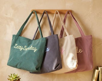 Personalized Embroidered Corduroy Tote —Mothers Day Surprise Gift, Bridesmaid Gift, Custom Name Tote Bag, Everyday Essential & Weekender