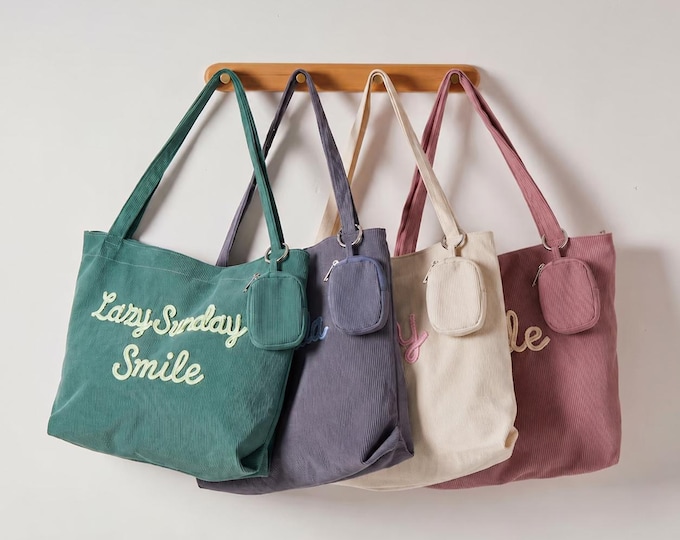 Personalized Embroidered Corduroy Tote Bag, Custom Zipper Tote Bag, Gift For Her, Bachelorette Gifts, Bridesmaid Gifts, Summer Tote Bag