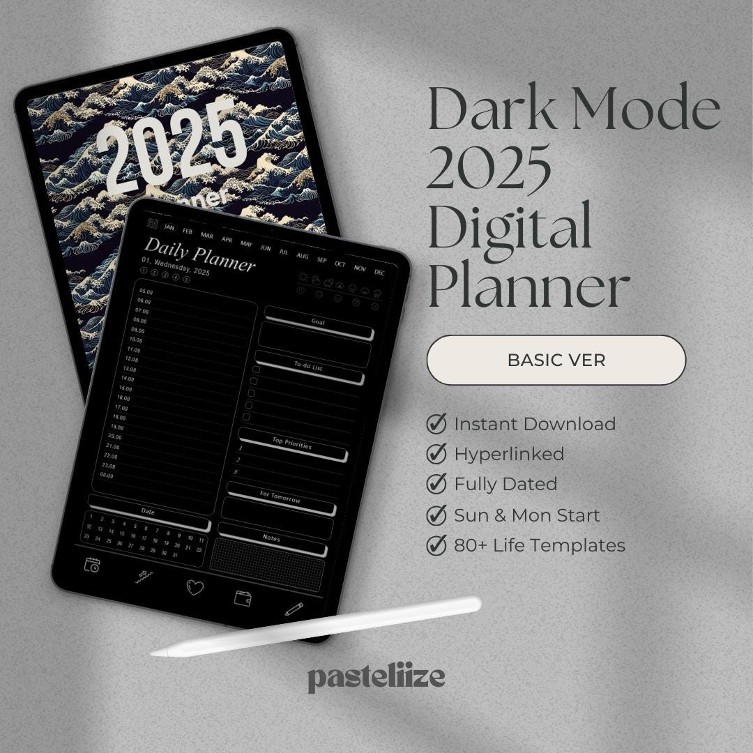 2025 Basic Dark Mode Digital Planner PDF Minimalist Weekly & Monthly ...