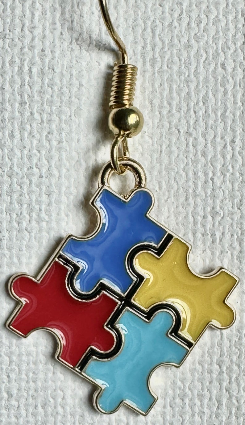 Handmade Autism Awareness Puzzle Piece Earrings - Gold Colored Teacher ...