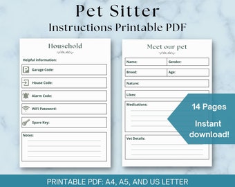 Pet Sitter Notes Printable, Pet Sitter Instructions PDF, Guide for Pet Sitters, Pet Sitter Welcome Guide, Downloadable PDF Pet Sitting,