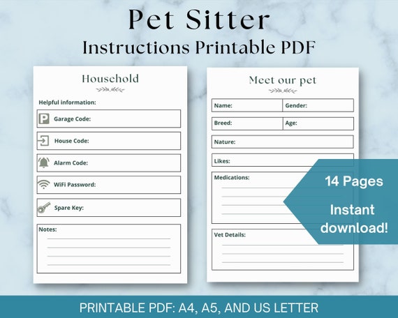 Pet Sitter Notes Printable Pet Sitter Instructions PDF Guide - Etsy