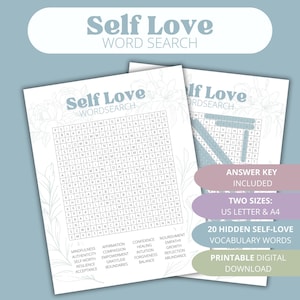 Self Love Word Search, Self Care Activity, Self-Love Worksheet, Promote Mindfulness, Positive Affirmation Activity, Personal Growth, PDF