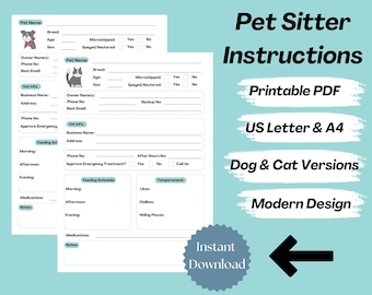 Pet Sitter Notes, Pet Sitting Instructions, Cat Sitter Instructions, Dog Sitter Instructions, Pet Care, Instructions for Pet Sitters, PDF