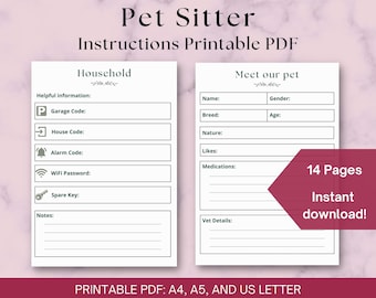 House sitter printable, House Sitter Notes, House Sitter Planner, Pet Sitters PDF, Downloadable PDF, House Sitter Welcome, pet sitter guide