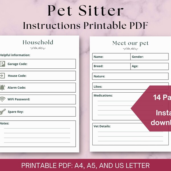 House sitter printable, House Sitter Notes, House Sitter Planner, Pet Sitters PDF, Downloadable PDF, House Sitter Welcome, pet sitter guide