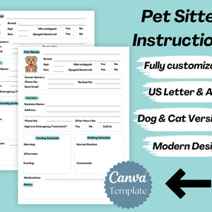 Pet Sitting Instructions Canva Template, Pet Sitter Notes, Dog Sitter Instructions, Cat Sitter Instructions