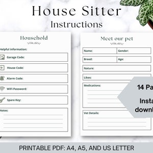 House sitter instructions, Printable House Sitter Notes, Homeowner Guide for Pet Sitters PDF, Downloadable PDF, House Sitter Welcome Info.
