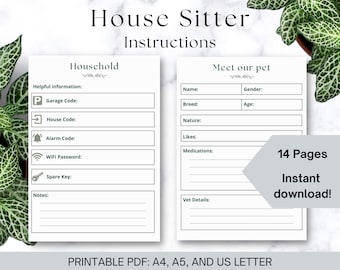 House sitter instructions, Printable House Sitter Notes, Homeowner Guide for Pet Sitters PDF, Downloadable PDF, House Sitter Welcome Info.
