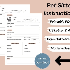 Pet Sitter Instructions, Cat Sitter Notes, Dog Sitter Notes, Pet Sitter PDF, Pet Sitter Printable, Pet Care, Notes for Pet Sitters, Template