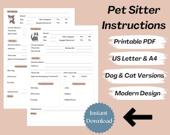 Pet Sitter Instructions, Cat Sitter Notes, Dog Sitter Notes, Pet Sitter PDF, Pet Sitter Printable, Pet Care, Notes for Pet Sitters, Template