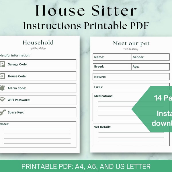 Printable House Sitter Notes, Pet Sitter Instructions, Guide for House Sitters, House Sitter Welcome Guide, Downloadable PDF House Sitting