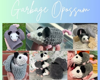 May include: Crochet pattern for a gray and white opossum, with a pink nose and ears. The opossum is in a gray crocheted trash can. The pattern is available for purchase. "Garbage Opossum" is written in the image.