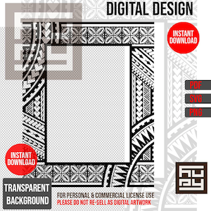 Könnte beinhalten: Schwarz-weißes polynesisches Tribal-Design-Rahmen mit transparentem Hintergrund. Der Rahmen besteht aus geometrischen Formen und Mustern. Der Text "DIGITAL DESIGN" befindet sich oben im Bild. Der Text "INSTANT DOWNLOAD" befindet sich in einem roten Kreis oben rechts im Bild. Der Text "FOR PERSONAL & COMMERCIAL LICENSE USE PLEASE DO NOT RE-SELL AS DIGITAL ARTWORK" befindet sich unten im Bild.