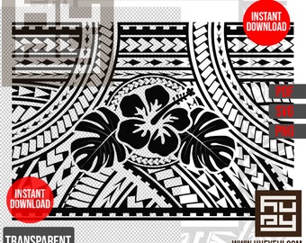 May include: Black and white digital design featuring a hibiscus flower and leaves with a Polynesian tribal pattern. The design is on a transparent background and includes the text "DIGITAL DESIGN", "INSTANT DOWNLOAD", "PDF", "SVG", "PNG", "TRANSPARENT BACKGROUND", "FOR PERSONAL & COMMERCIAL LICENSE USE", "PLEASE DO NOT RE-SELL AS DIGITAL ARTWORK", and "WWW.HUEYFIJI.COM".