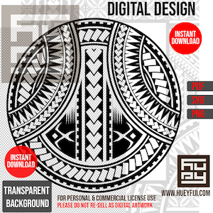 Op de afbeelding: Zwart-wit geometrisch ontwerp met een cirkelvormig patroon. Het ontwerp doet denken aan Polynesische stamkunst. De achtergrond is transparant.