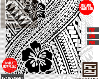 May include: Black and white digital design featuring a geometric pattern with hibiscus flowers. The design is on a transparent background and includes the text "DIGITAL DESIGN", "INSTANT DOWNLOAD", "PDF", "SVG", "PNG", "TRANSPARENT BACKGROUND", "FOR PERSONAL & COMMERCIAL LICENSE USE", "PLEASE DO NOT RE-SELL AS DIGITAL ARTWORK", and "WWW.HUEYFIJI.COM".