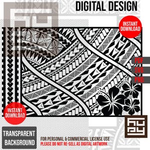 Może przedstawiać: Czarno-biały wzór plemienny polinezyjski z motywem kwiatu hibiskusa. Wzór znajduje się na przezroczystym tle. Na obrazie widnieje napis "Natychmiastowe pobranie" oraz "Do użytku osobistego i komercyjnego".