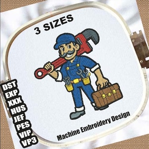 May include: Machine embroidery design of a cartoon plumber with a wrench and toolbox. The design is available in three sizes. The file formats are DST, EXP, XXX, HUS, JEF, PES, VIP, and VP3.