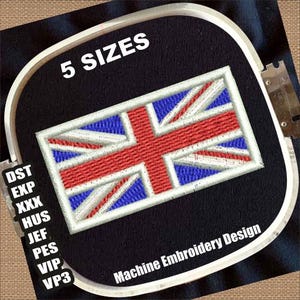 May include: Machine embroidery design of the Union Jack flag, featuring red, white, and blue colors. The design is rectangular and framed in a white hoop. The text "5 SIZES" is at the top, and "Machine Embroidery Design" is at the bottom.