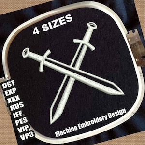 May include: Machine embroidery design featuring two crossed swords in white thread on a black background. The text "4 SIZES" is above the swords, and "Machine Embroidery Design" is below. Embroidery file formats are listed on the left.