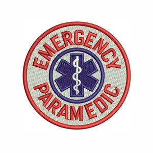 May include: A red and white embroidered patch with the words "Emergency Paramedic" surrounding a blue star of life with a white snake and staff.