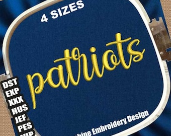 May include: A blue embroidery hoop with the word "patriots" embroidered in gold thread. The hoop is surrounded by a white border with the text "4 SIZES" and "Machine Embroidery Design".