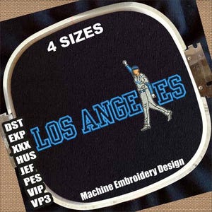 May include: Machine embroidery design of a baseball player with the text "LOS ANGELES" in blue on a black background. The design is available in 4 sizes: DST, EXP, XXX, HUS, JEF, PES, VIP, VP3.