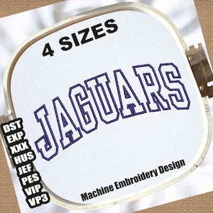 May include: Machine embroidery design of the word "JAGUARS" in a white outline with a purple fill. The design is displayed on a white embroidery hoop with the text "4 SIZES" above the design and "Machine Embroidery Design" below the design.
