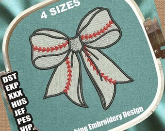 Baseball Coquette Bow Machine Embroidery Designs | Softball Coquette Embroidery Patterns | Sports Coquette Embroidery Files | Bow Embroidery