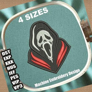 May include: Machine embroidery design featuring a black and white Scream mask with red accents. The design is set within an embroidery hoop, with the text "4 SIZES" at the top. Additional text includes file formats and "Machine Embroidery Design".