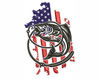 USA Flag Fish Anchor Embroidery Design (Digital File)
