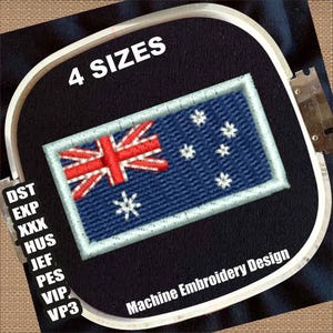 May include: Embroidered Australian flag patch in red, white, and blue. The rectangular patch has a white border and depicts the Union Jack and Southern Cross. The text "4 SIZES" is above the patch. The text "Machine Embroidery Design" is below the patch.