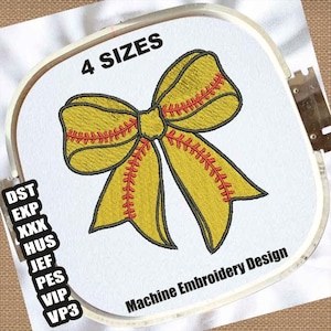 May include: A yellow softball bow with red stitching. The bow is in a hoop and the text "4 SIZES" and "Machine Embroidery Design" are visible.