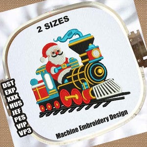 May include: Machine embroidery design featuring Santa Claus driving a colorful train. The design includes the text "2 SIZES" and "Machine Embroidery Design". The train is red, blue, black, and yellow.