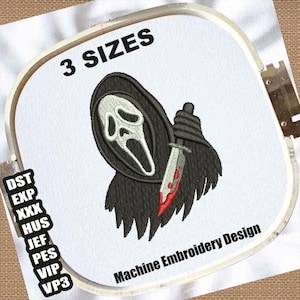 May include: Machine embroidery design featuring the Ghostface mask from the Scream movie franchise. The design includes a black hooded cloak, a bloody knife, and the text "3 SIZES". The design is in a white embroidery hoop.