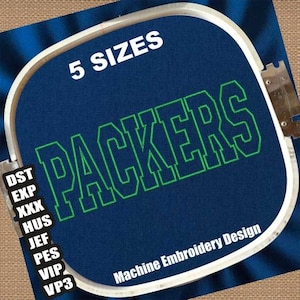 May include: Green and blue embroidery design of the word "Packers" in a blocky font. The design is on a blue fabric in a circular embroidery hoop. The text "5 Sizes" is at the top of the hoop and "Machine Embroidery Design" is at the bottom.