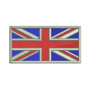 May include: A red, white, and blue embroidered patch of the Union Jack flag. The flag is surrounded by a silver border.