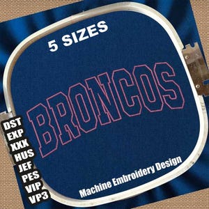 May include: Embroidery design for a blue and pink "Broncos" logo. The design is available in 5 sizes: DST, EXP, XXX, HUS, JEF, PES, VIP, and VP3. Machine Embroidery Design.