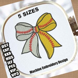 May include: A yellow and white baseball-themed bow with red stitching. The bow is in a hoop and the text "5 SIZES" and "Machine Embroidery Design" are visible.
