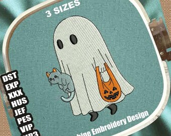 Halloween Ghost Machine Embroidery Design | Cat & Pumpkin (Digital File)