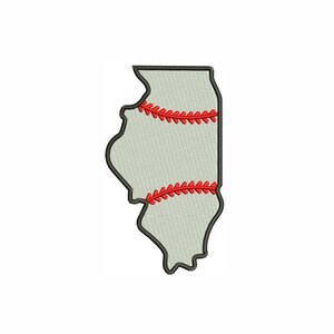 Könnte beinhalten: Ein gestickter Aufnäher in Form des Bundesstaates Illinois, mit einem Baseball-Design. Der Umriss des Staates ist grau mit einem schwarzen Rand, und die Baseball-Nähte sind rot. Der Aufnäher ist als Baseball gestaltet.