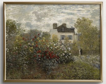 Pode incluir: Uma pintura de uma casa com um jardim em primeiro plano. O jardim está cheio de flores em tons de vermelho, branco e amarelo. A casa é branca com um telhado escuro e janelas. O céu está nublado e cinzento.