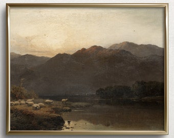 Pasture in the Mountains | Moody Landscape Wall Art | Vintage Landscape Oil Painting | Vintage Landscape Print | L306