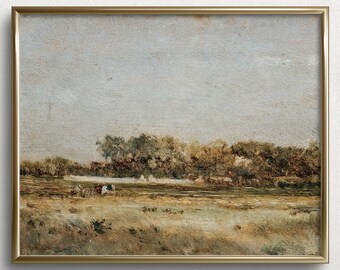 Könnte beinhalten: Ein Gemälde im Vintage-Stil, das eine Landschaft mit einem Grasfeld, Bäumen und einem bewölkten Himmel zeigt. Das Gemälde ist in einem goldenen Rahmen gerahmt.