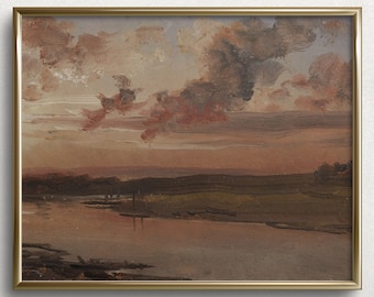 Czerwone letnie niebo | Moody Sunset Wall Art | Vintage Sunset Oil Painting | Sztuka zachodu słońca na wsi | #L39