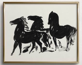 Drei Pferde | Moderne Kunstdruck Skizze | Schwarzweiße Vintage Kunst | Vintage Aquarellmalerei | #M5